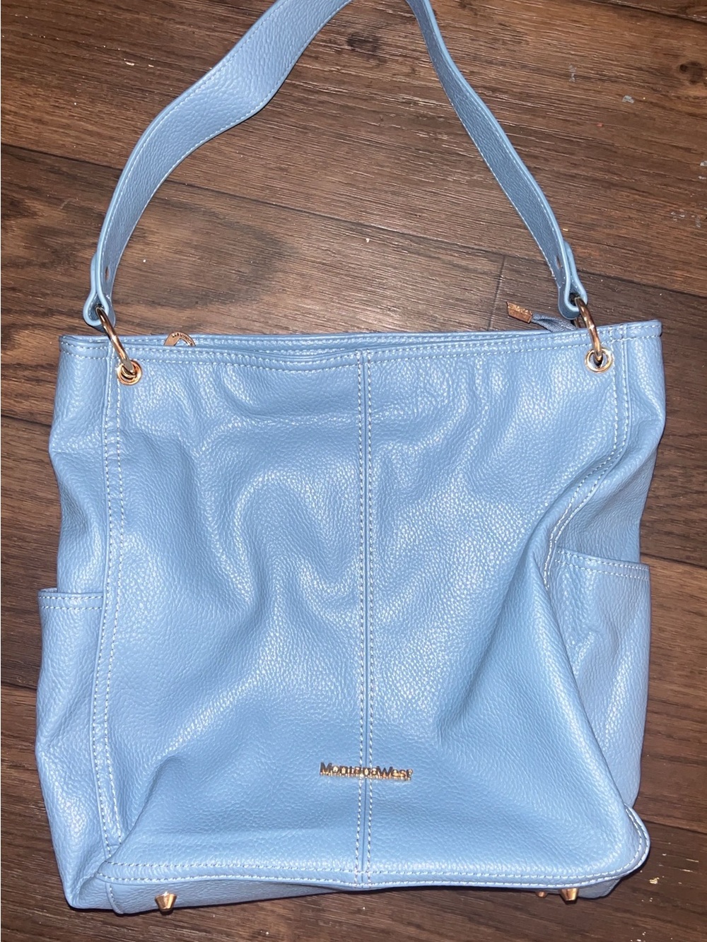 Montana West Light Blue Pebbled Leather Shoulder Bag with Gold Hardware